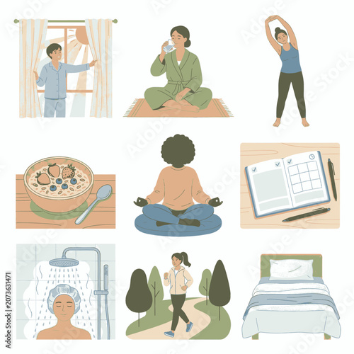 Foto Morning routine for a healthy lifestyle, including exercise, meditation, and healthy breakfast