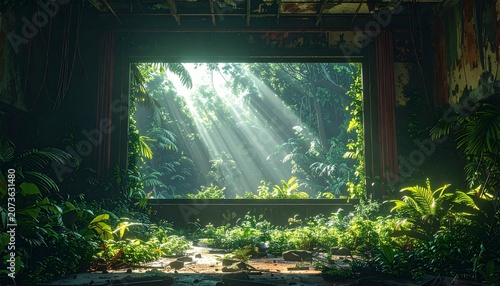 Mysterious Window to Lush Green Forest.