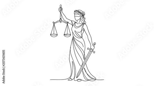 Continuous line drawing of Lady Justice with scales.