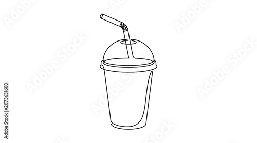 Continuous line drawing of plastic drink cup with straw.