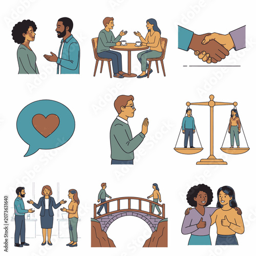 Diverse group of people engaging in various social interactions and demonstrating concepts of connection, communication, and equality.