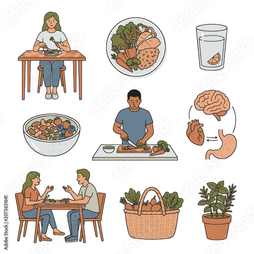 Healthy lifestyle illustration showing people eating, cooking, and enjoying nutritious food and drinks.