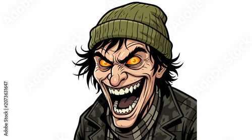 Creepy laughing man cartoon with glowing eyes.
