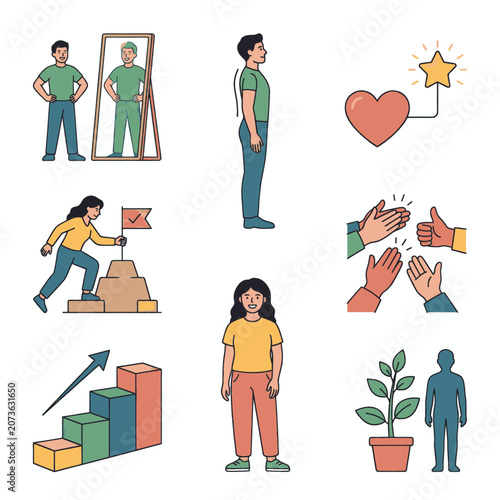 Set of icons representing personal growth, self-esteem, achievement, and positive development in life.