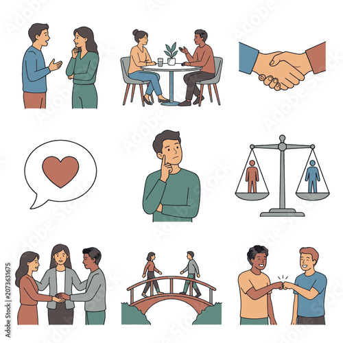 Set of illustrations depicting human connection, communication, and relationships in various social contexts.