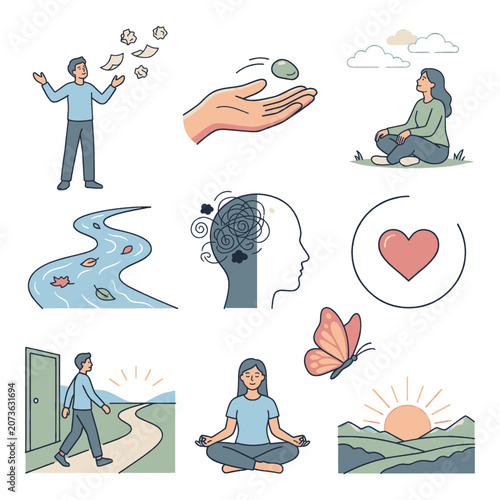 Collection of illustrations depicting mental health, well-being, and personal growth concepts.