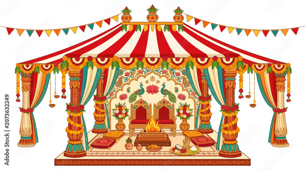 Fototapeta premium Traditional Indian Hindu Wedding Mandap Canopy Decoration Illustration. EPS Editable. Vector Illustrations.