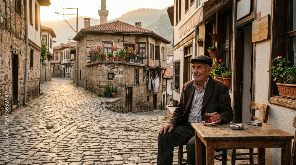 Obraz premium Elderly man sitting at a wooden table in a historic village street, drinking traditional tea.