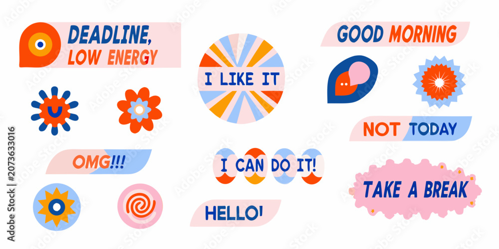 Fototapeta premium Assorted Phrase Badges Colorful Vector Illustrations With Text