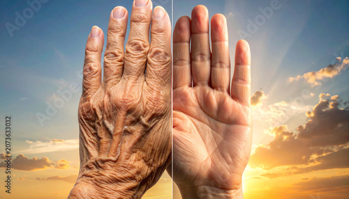 The Passage of Time: A striking visual comparison juxtaposes a wrinkled, aged hand with a smooth, youthful one.