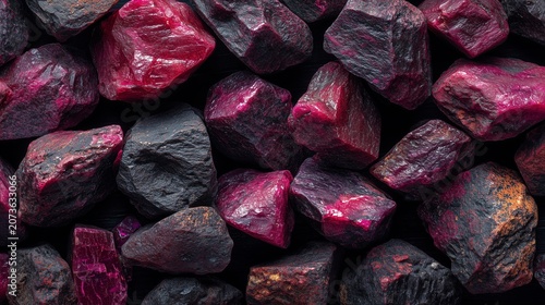 Background of raw ruby stones, rough uncut corundum pieces