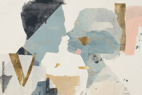 Paper collage with pastel blue abstract couple portrait of a man and woman