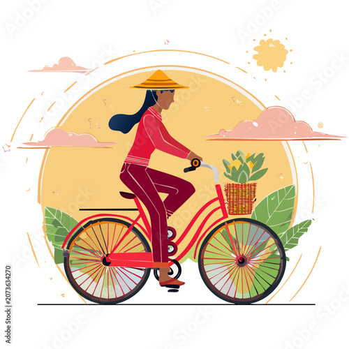 Woman riding bicycle with basket in flat illustration style