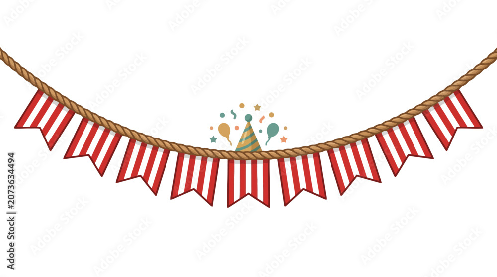 Obraz premium Watercolor circus bunting banner with red and white stripes and party hat illustration. EPS Editable. Vector Illustrations.