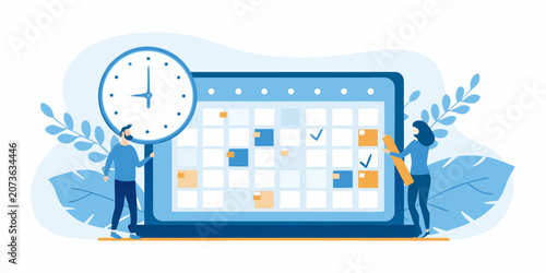 Fotografi Calendar Illustration With Clock And Figures Flat Vector Style