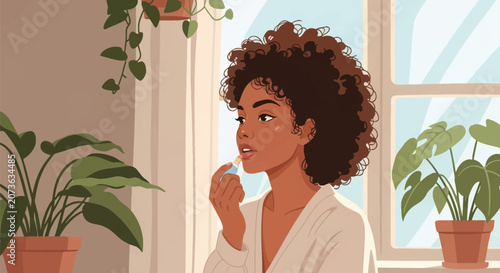 Flat vector illustration of a young Black woman with natural curly hair applying lip balm indoors near a window surrounded by green houseplants and soft sunlight.