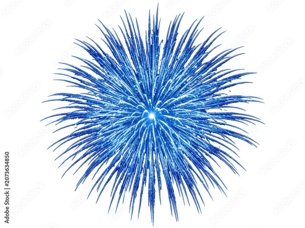 Naklejka premium A stunning burst of blue fireworks against a clean white background, creating a celebratory and explosive visual