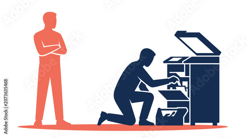Professional technician repairing office printer silhouette illustration