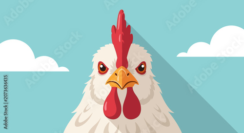 Flat Vector Illustration of a Fierce White Rooster Head Facing Forward on a Light Blue Sky Background