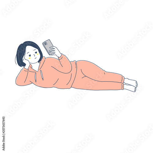 Chubby Woman Lounging and Scrolling Smartphone Illustration
