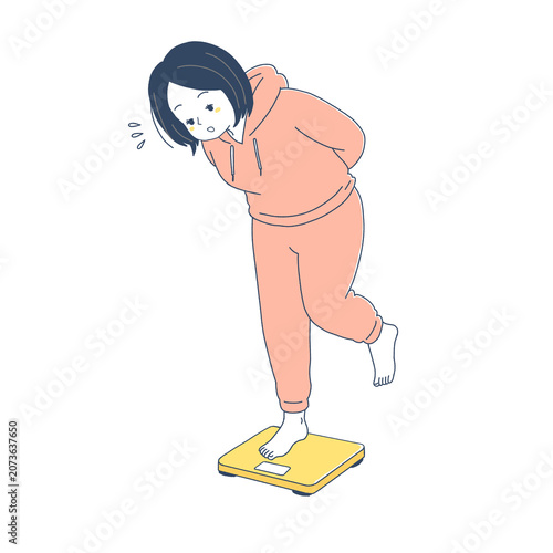 Woman Nervously Checking Weight on Scale Illustration