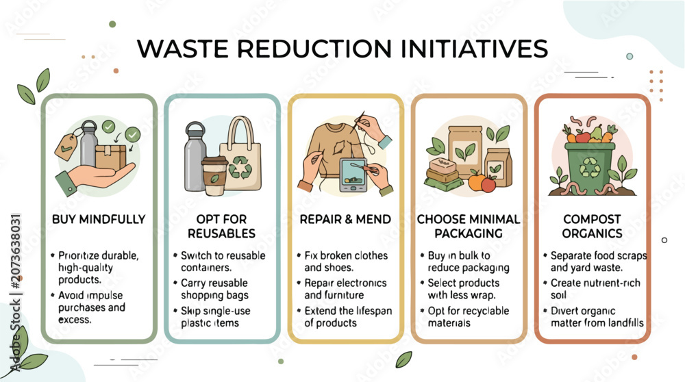 Naklejka premium Eco sustainability infographic on waste reduction. Five initiatives: mindful buying, reusables, repair, minimal packaging, composting. Guide for a greener, sustainable lifestyle.