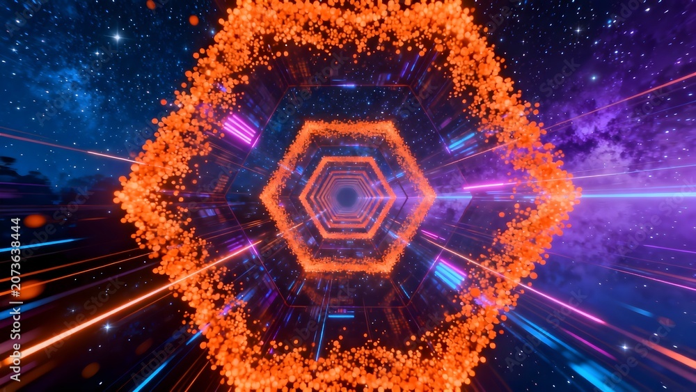 Fototapeta premium Abstract hexagonal tunnel with glowing particles