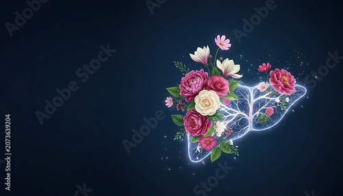 Glowing human liver structure decorated with flowers on a dark textured background representing internal organ health and vitality. low poly world. hepatitis day, liver day medical