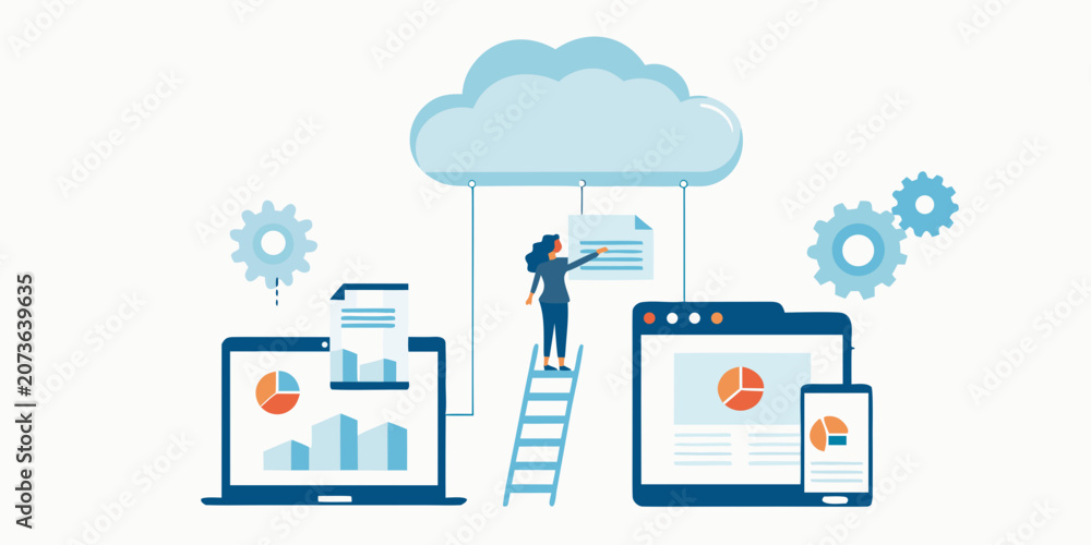 Obraz premium Team Managing Cloud Data With Devices Flat Vector Illustration