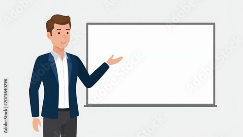 Animated Businessman Character Presenting on a Whiteboard in a Professional Setting.
