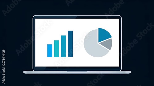 Laptop Opening to Reveal Business Charts and Graphs on Screen, Representing Data Analysis and Financial Growth.