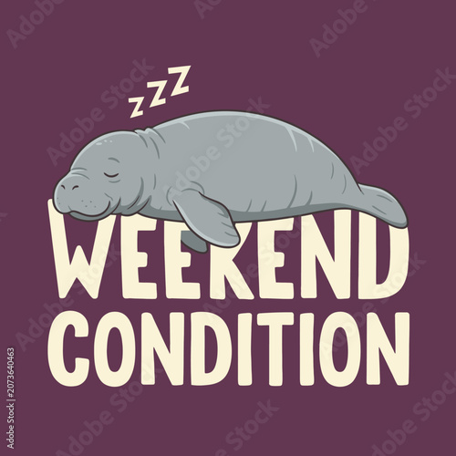 Schilderij op canvas Sleeping Manatee Cartoon Character Design.
