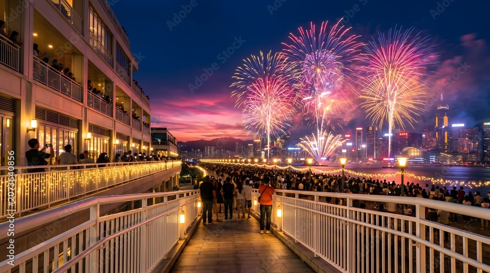 Fototapeta premium Fireworks display over city skyline at dusk
