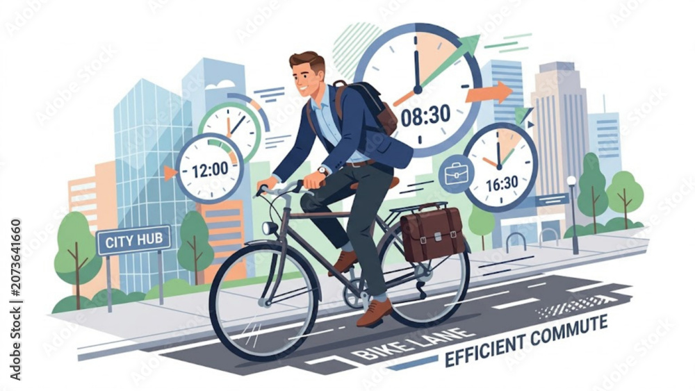 Naklejka premium Efficient Work Lifestyle Illustration – Business Professional Cycling with Speed and Time Symbol Clock in Modern Flat Design