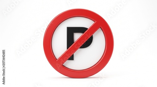 A realistic isolated 3D rendering of a no parking road traffic sign symbol featuring a red circular border with a diagonal strike through a letter P on white background