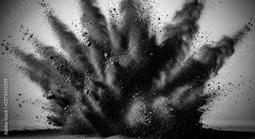 A dramatic burst of black charcoal dust explodes outward in a dense mist, featuring sharp realistic textures and fine gritty particles, dynamic, atmosphere, cloud