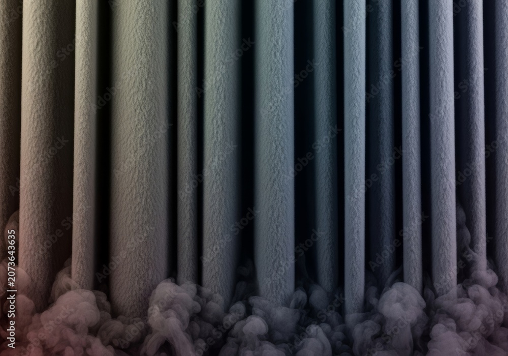 Obraz premium Heavy dark gray smoke hangs like a thick textured curtain with deep vertical pleats, creating a dense atmospheric layer of industrial soot, layers, dense, particulate