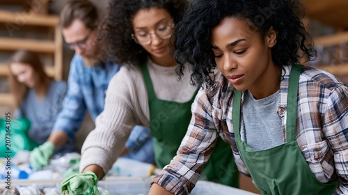 Volunteers collaborate in a conscientious recycling workshop highlighting teamwork and natural textures for environmental sustainability