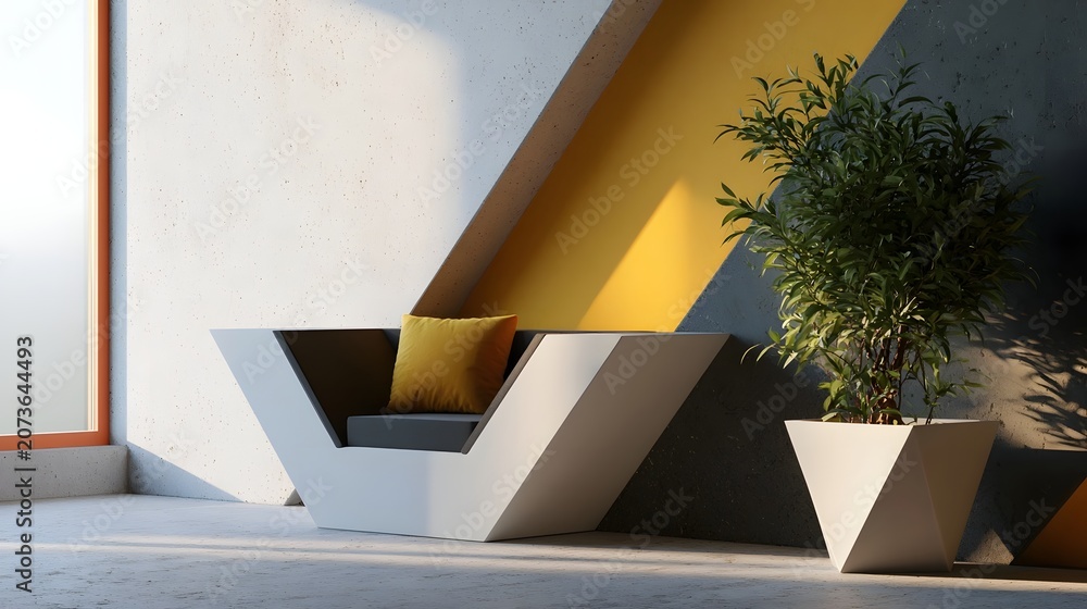 Fototapeta premium A futuristic geometric design featuring bold contrasts and natural textures creates a tranquil and inviting atmosphere