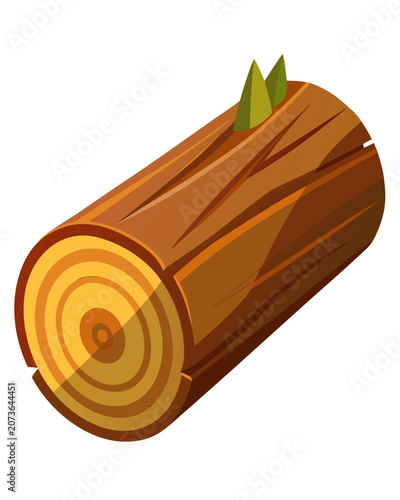 a brown wooden log lying on its side, showing visible tree rings on the cut end and small green leaves sprouting from the top, with a shiny glossy finish.