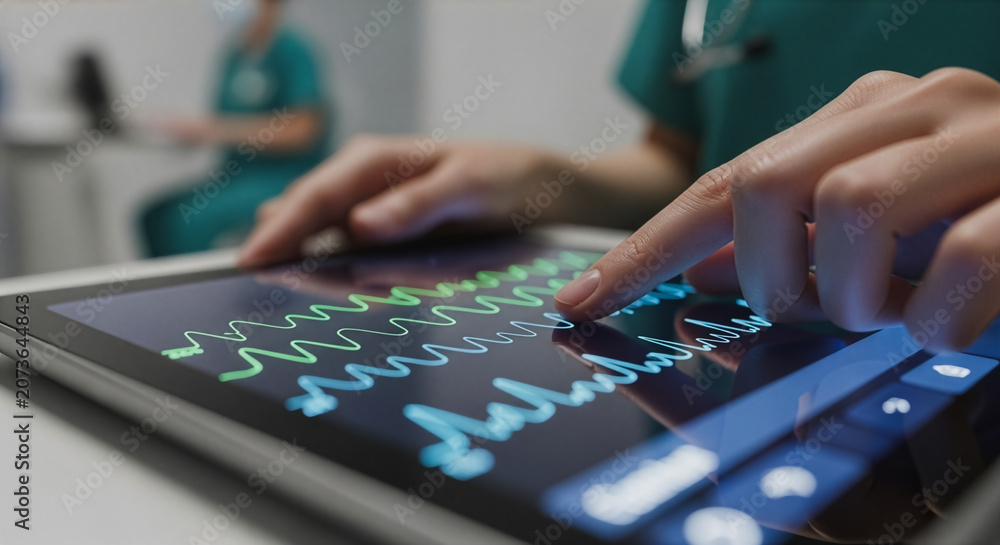 Fototapeta premium Medical professional using a digital tablet in a hospital setting representing modern healthcare and patient monitoring