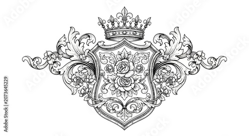 Vintage Heraldic Shield with Floral Ornament and Crown