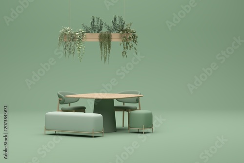 Minimal Coffee shop restaurant design green, purple, pastel background . Wall back counter pastel decor. 3d render