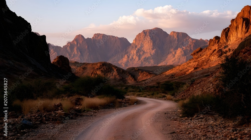 Obraz premium A winding desert trek framed by towering mountain peaks bathed in a warm golden glow