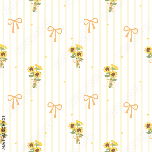Seamless Sunflower Bouquet and Ribbon Pattern with Soft Vertical Stripes for Fabric, Wallpaper, Wrapping Paper, Textile and Background