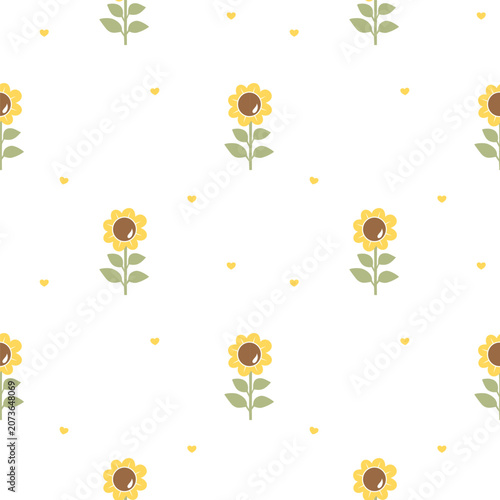 Minimal Sunflower Seamless Pattern with Tiny Hearts on White Background for Fabric, Wallpaper and Textile Design