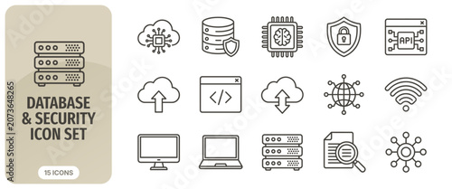 Database and security icon set, thin line style, vector illustration collection of web development, cloud computing, network, server, and cybersecurity icons for ui design