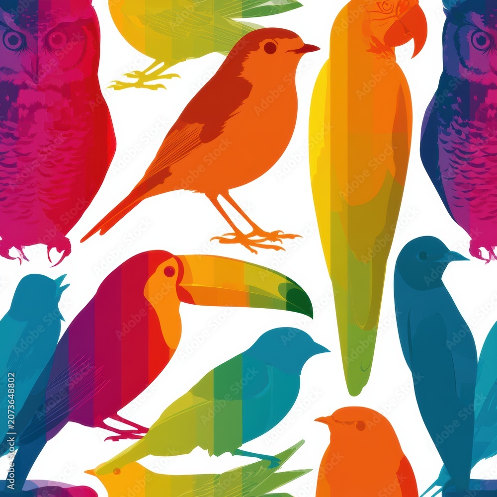 Fototapeta premium This pattern showcases various bird silhouettes such as owls, robins, parrots, toucans, and swallows in bright colors on a white background.