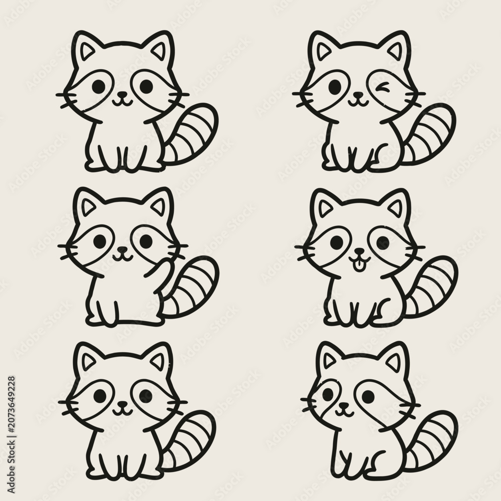 Obraz premium Cute cartoon raccoons in various poses.
