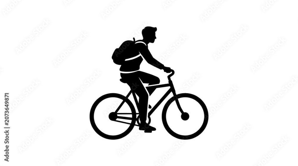 Fototapeta premium Person Riding Bicycle with Backpack in Urban Silhouette Minimalist Style